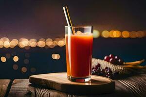 a glass of orange juice with a straw on a wooden table. AI-Generated photo