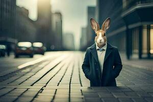 un Conejo en un traje y Corbata en pie en el medio de un ciudad calle. generado por ai foto