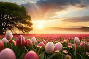 a field of pink tulips and white flowers at sunset. AI-Generated photo