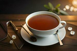 a cup of tea on a wooden table. AI-Generated photo
