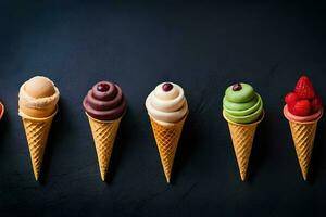 different flavors of ice cream in cones on a black background. AI-Generated photo