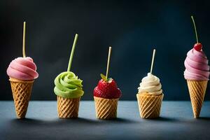 different ice cream flavors in cones on a dark background. AI-Generated photo