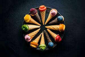 colorful ice cream cones arranged in a circle on a black background. AI-Generated photo