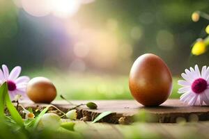 two eggs are sitting on a wooden table with flowers. AI-Generated photo