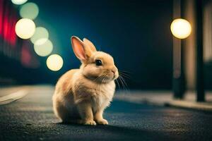 a small rabbit sitting on the street at night. AI-Generated photo