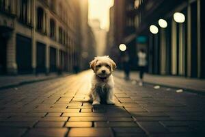 un pequeño perro es en pie en un calle en el medio de un ciudad. generado por ai foto