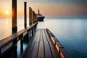 a boat docked at the end of a pier at sunset. AI-Generated photo