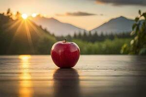 red apple on a wooden table in front of mountains. AI-Generated photo