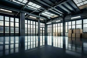 an empty warehouse with boxes and windows. AI-Generated photo