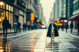 un gato caminando abajo un ciudad calle en un capa. generado por ai foto