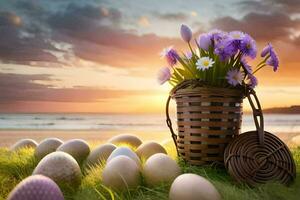 easter eggs on the beach. AI-Generated photo