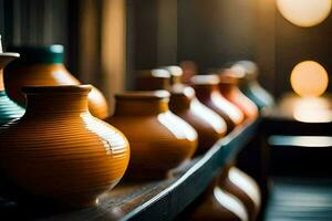 a row of vases on a shelf in a room. AI-Generated photo