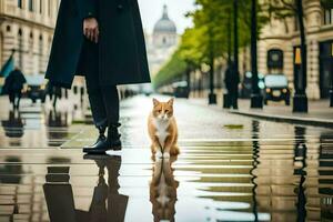 un gato y un persona en pie en el lluvia. generado por ai foto