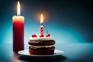 a cupcake with a cherry on top and two candles. AI-Generated photo