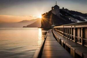 the sun sets over a wooden pier and a castle. AI-Generated photo