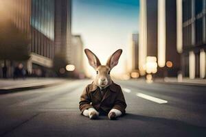 a rabbit wearing a suit sits on the street. AI-Generated photo