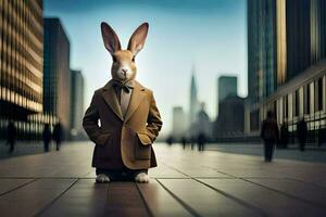 a rabbit wearing a suit and tie standing in the middle of a city. AI-Generated photo