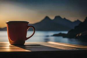 café taza en un mesa en frente de un lago. generado por ai foto