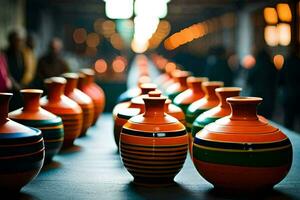 a row of colorful vases lined up on a table. AI-Generated photo