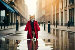 a cat in a red coat standing on a street. AI-Generated photo