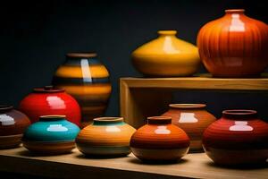 a collection of colorful vases on a shelf. AI-Generated photo