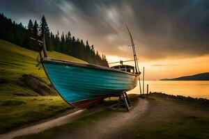 a boat sits on the shore at sunset. AI-Generated photo