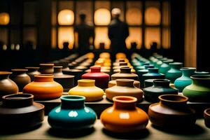 a row of colorful vases on a table. AI-Generated photo