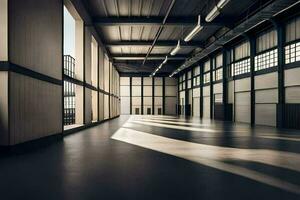 an empty warehouse with large windows and a large floor. AI-Generated photo