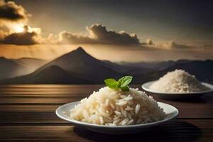 the rice is served on a wooden table with a mountain in the background. AI-Generated photo