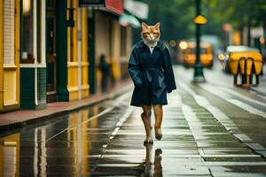 a cat in a coat walking down a street. AI-Generated photo