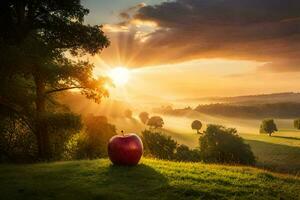 el manzana en el puesta de sol. generado por ai foto