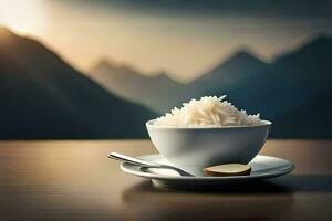 rice in a bowl with mountains in the background. AI-Generated photo