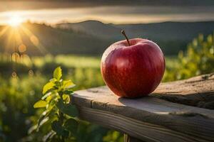 an apple sits on a wooden table in front of a sunset. AI-Generated photo