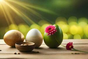 easter eggs on a table with flowers. AI-Generated photo