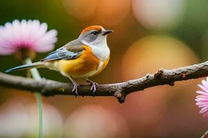 a small bird is sitting on a branch with pink flowers. AI-Generated photo