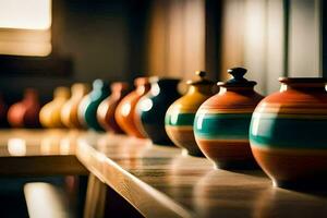 a row of colorful vases on a wooden table. AI-Generated photo