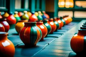 a row of colorful vases. AI-Generated photo