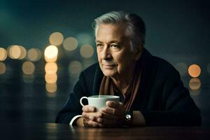 an older man sitting at a table with a cup of coffee. AI-Generated photo