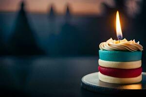 a cake with a single candle on top. AI-Generated photo