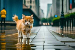 un gato caminando en un mojado calle en el ciudad. generado por ai foto