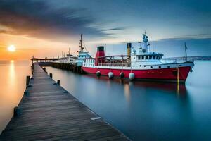 a red and white boat docked at the pier. AI-Generated photo