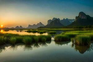 the sun rises over the li river in china. AI-Generated photo