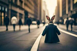 a rabbit in a suit is walking down the street. AI-Generated photo