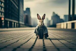 a rabbit wearing a coat sits on a brick road. AI-Generated photo