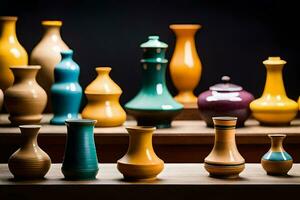 a row of colorful vases on a shelf. AI-Generated photo