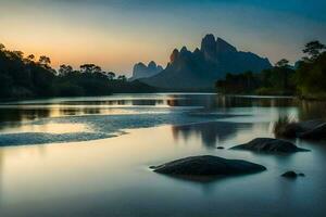 el Dom conjuntos terminado un río y montañas. generado por ai foto