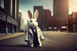 a rabbit dressed in a suit and tie standing on the street. AI-Generated photo