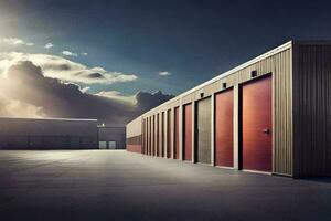 a row of storage units with a sun shining through the clouds. AI-Generated photo