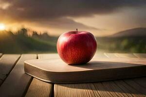 un manzana se sienta en parte superior de un de madera mesa. generado por ai foto