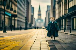 un perro en un traje soportes en el calle. generado por ai foto